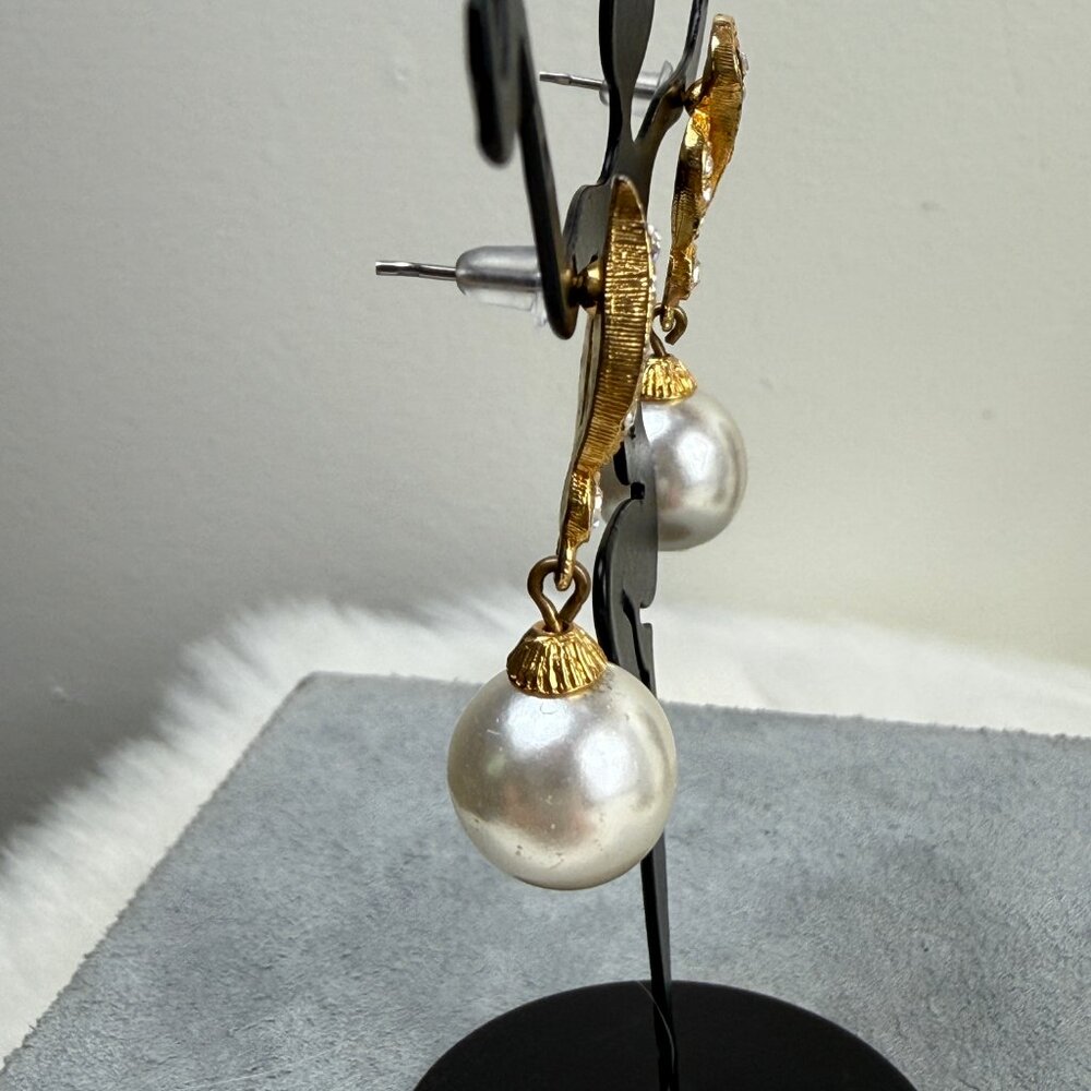 Gold Tone Faux Pearl & Rhinestone Pierced Earrings - Picture 4 of 8